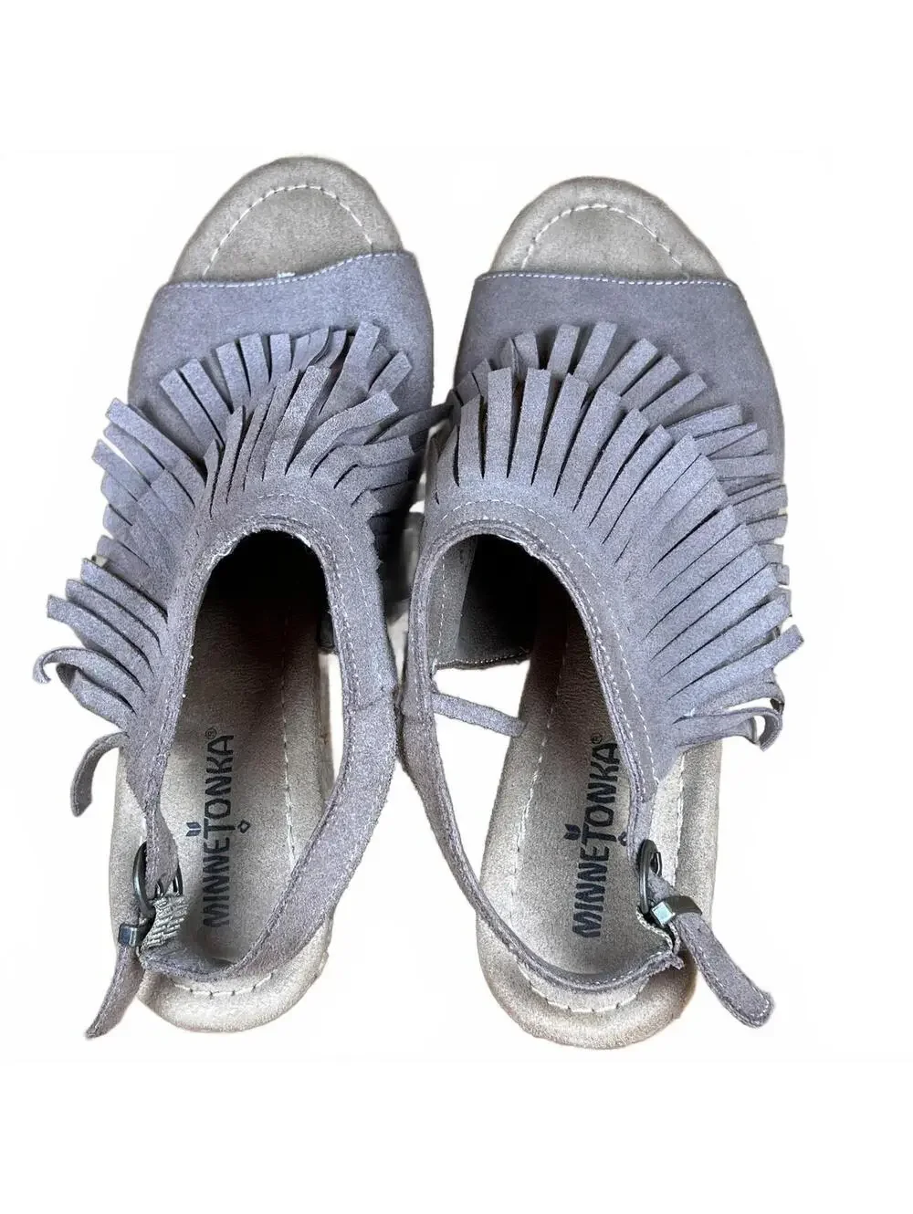 Women's Minnetonka Grey Suede Fringe Wedge Sandals Size 8